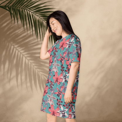 Teal and Coral Floral T-Shirt Dress – Bold Oversized Botanical Statement Dress