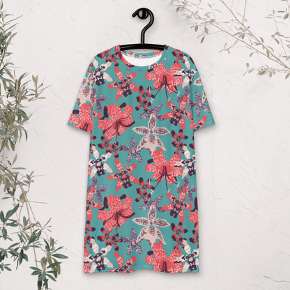 Teal and Coral Floral T-Shirt Dress – Bold Oversized Botanical Statement Dress