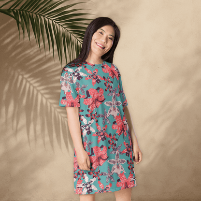 Teal and Coral Floral T-Shirt Dress – Bold Oversized Botanical Statement Dress
