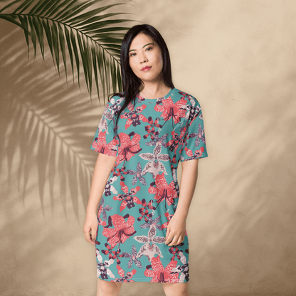 Teal and Coral Floral T-Shirt Dress – Bold Oversized Botanical Statement Dress