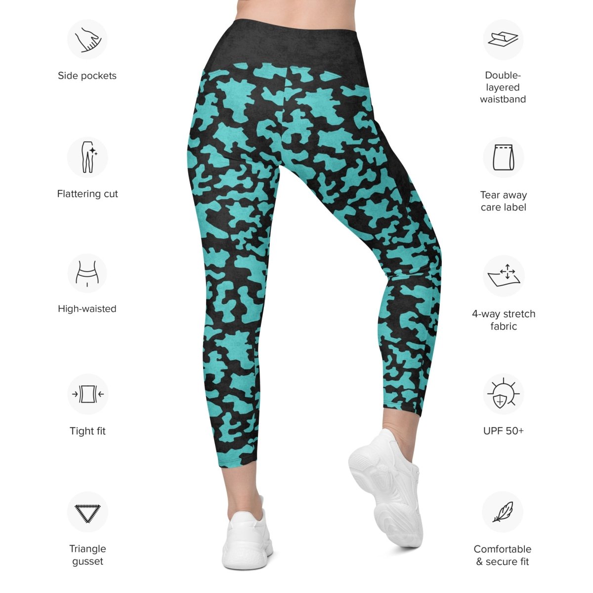 Turquoise and black patterned leggings with feature icons on a white background