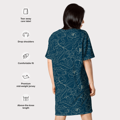 Teal Botanical T-Shirt Dress – Oversized Floral Lounge Dress with Vintage Vibes