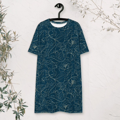 Teal Botanical T-Shirt Dress – Oversized Floral Lounge Dress with Vintage Vibes