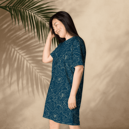 Teal Botanical T-Shirt Dress – Oversized Floral Lounge Dress with Vintage Vibes