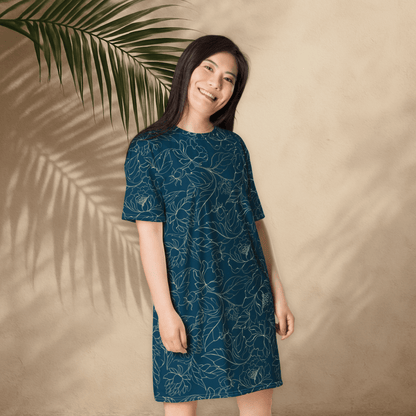 Teal Botanical T-Shirt Dress – Oversized Floral Lounge Dress with Vintage Vibes