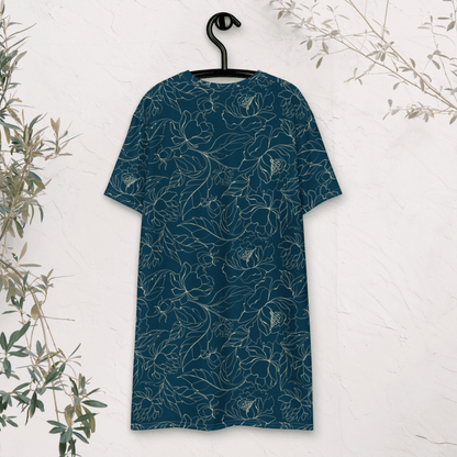 Teal Botanical T-Shirt Dress – Oversized Floral Lounge Dress with Vintage Vibes