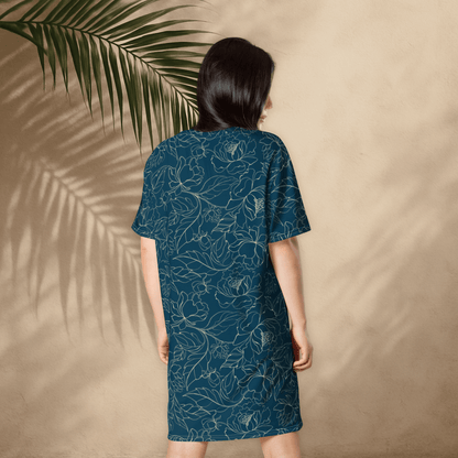 Teal Botanical T-Shirt Dress – Oversized Floral Lounge Dress with Vintage Vibes