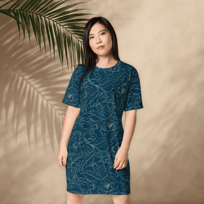 Teal Botanical T-Shirt Dress – Oversized Floral Lounge Dress with Vintage Vibes