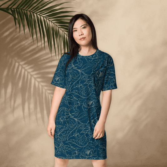 Teal Botanical T-Shirt Dress – Oversized Floral Lounge Dress with Vintage Vibes