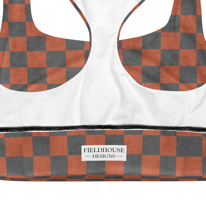 Checkered sports bra, featuring 'Fieldhouse Designs' label.