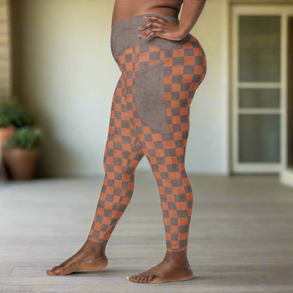 Leggings with a checkered pattern in brown and terracotta on a white background