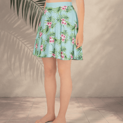 Tropical Breeze Skater Skirt | Aqua Blue Island Print with Pink Floral Detail