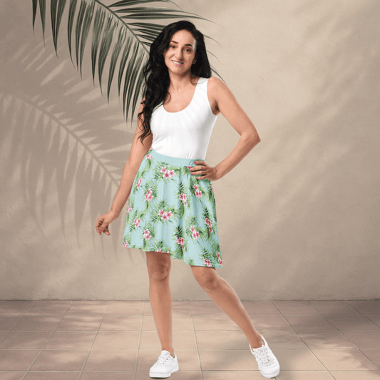 Tropical Breeze Skater Skirt | Aqua Blue Island Print with Pink Floral Detail