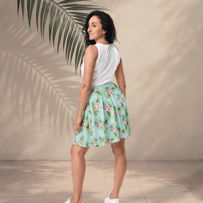 Tropical Breeze Skater Skirt | Aqua Blue Island Print with Pink Floral Detail