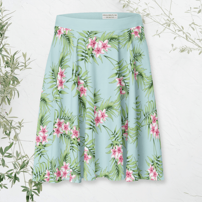 Tropical Breeze Skater Skirt | Aqua Blue Island Print with Pink Floral Detail
