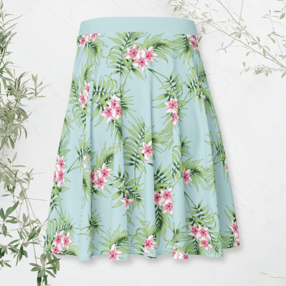 Tropical Breeze Skater Skirt | Aqua Blue Island Print with Pink Floral Detail