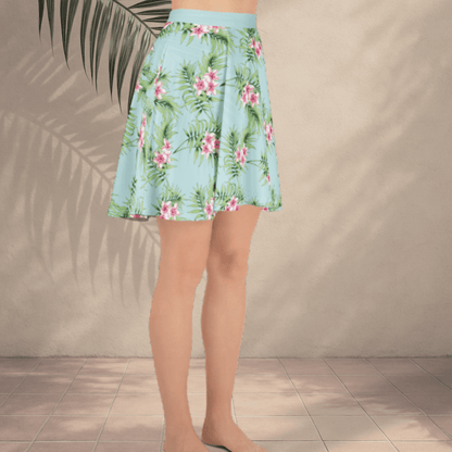 Tropical Breeze Skater Skirt | Aqua Blue Island Print with Pink Floral Detail