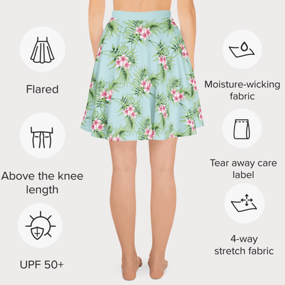 Tropical Breeze Skater Skirt | Aqua Blue Island Print with Pink Floral Detail