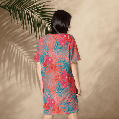 Tropical Floral T-Shirt Dress – Bright Coral & Teal Oversized Vacation Dress