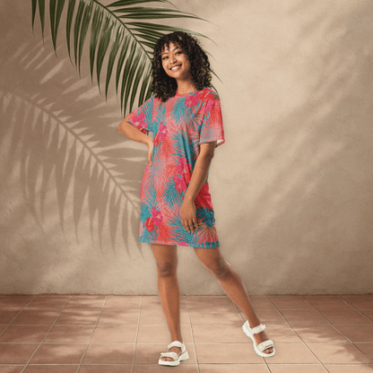 Tropical Floral T-Shirt Dress – Bright Coral & Teal Oversized Vacation Dress