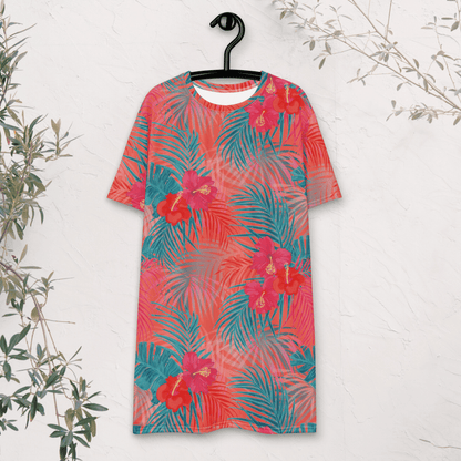 Tropical Floral T-Shirt Dress – Bright Coral & Teal Oversized Vacation Dress
