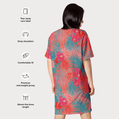 Tropical Floral T-Shirt Dress – Bright Coral & Teal Oversized Vacation Dress