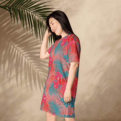 Tropical Floral T-Shirt Dress – Bright Coral & Teal Oversized Vacation Dress