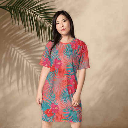 Tropical Floral T-Shirt Dress – Bright Coral & Teal Oversized Vacation Dress