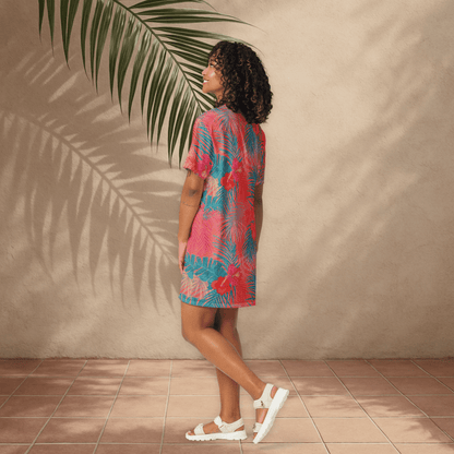 Tropical Floral T-Shirt Dress – Bright Coral & Teal Oversized Vacation Dress