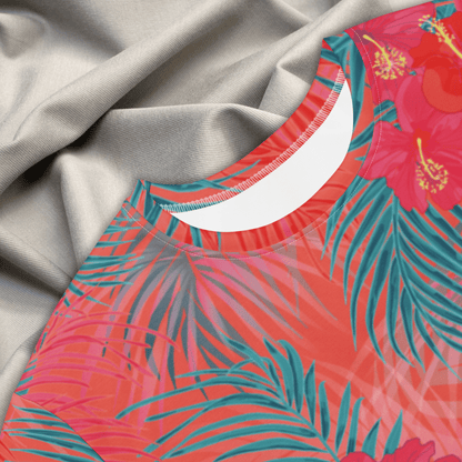 Tropical Floral T-Shirt Dress – Bright Coral & Teal Oversized Vacation Dress