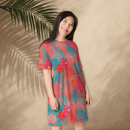 Tropical Floral T-Shirt Dress – Bright Coral & Teal Oversized Vacation Dress