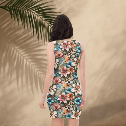 Tropicat Bodycon Dress | Bold Tropical Floral with Leopard Print Accents - Bodycon Dress
