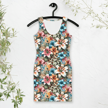 Tropicat Bodycon Dress | Bold Tropical Floral with Leopard Print Accents - Bodycon Dress