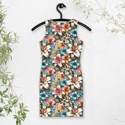 Tropicat Bodycon Dress | Bold Tropical Floral with Leopard Print Accents - Bodycon Dress