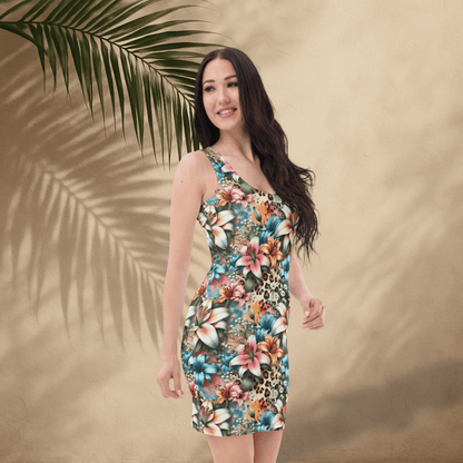 Tropicat Bodycon Dress | Bold Tropical Floral with Leopard Print Accents - Bodycon Dress