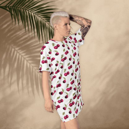 White Cherry Print T-Shirt Dress – Oversized Watercolor Fruit Dress for Summer Style