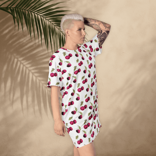 White Cherry Print T-Shirt Dress – Oversized Watercolor Fruit Dress for Summer Style