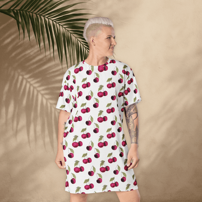 White Cherry Print T-Shirt Dress – Oversized Watercolor Fruit Dress for Summer Style
