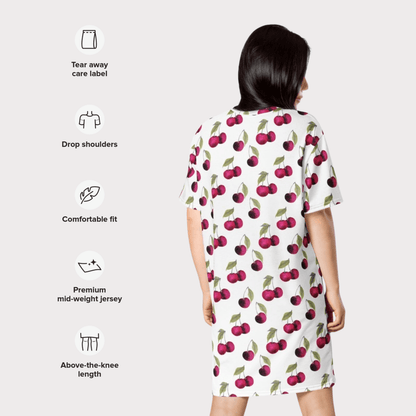 White Cherry Print T-Shirt Dress – Oversized Watercolor Fruit Dress for Summer Style