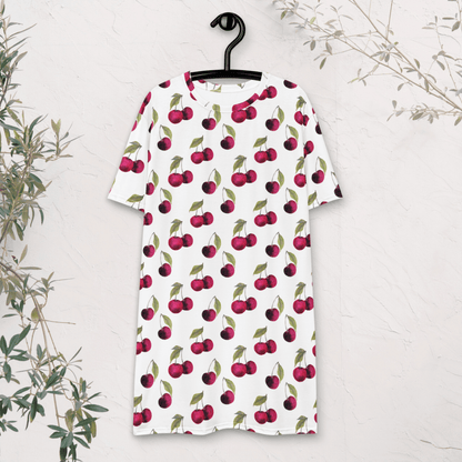 White Cherry Print T-Shirt Dress – Oversized Watercolor Fruit Dress for Summer Style