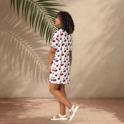 White Cherry Print T-Shirt Dress – Oversized Watercolor Fruit Dress for Summer Style