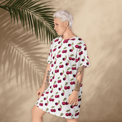 White Cherry Print T-Shirt Dress – Oversized Watercolor Fruit Dress for Summer Style