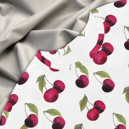 White Cherry Print T-Shirt Dress – Oversized Watercolor Fruit Dress for Summer Style
