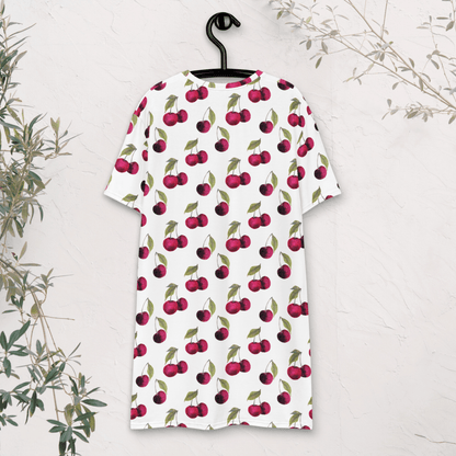 White Cherry Print T-Shirt Dress – Oversized Watercolor Fruit Dress for Summer Style