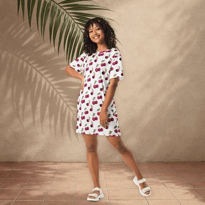 White Cherry Print T-Shirt Dress – Oversized Watercolor Fruit Dress for Summer Style