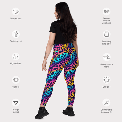 Woman wearing colorful leggings with feature icons on a white background