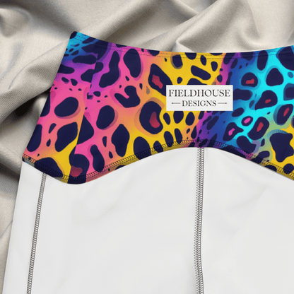 Colorful leopard print waistband with 'Fieldhouse Designs' label on a graybackground