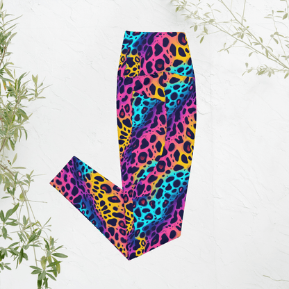 Colorful leopard print leggings on a white background with green leaves.