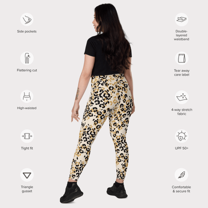 Woman wearing leopard print leggings with feature icons on a white background