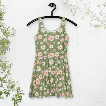 Wildflower Garden Skater Dress | Cottagecore Boho Floral on Sage Green - Skater Dress